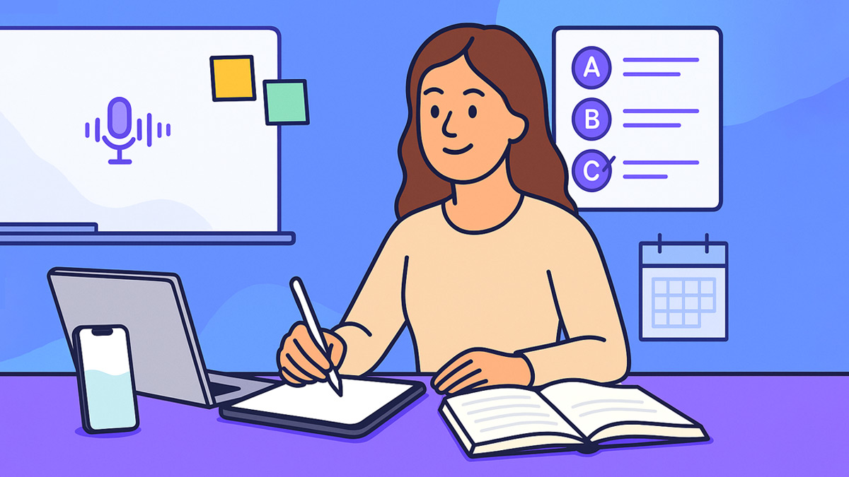 Happy teacher using an AI note taker to convert her class lecture audio into quizzes