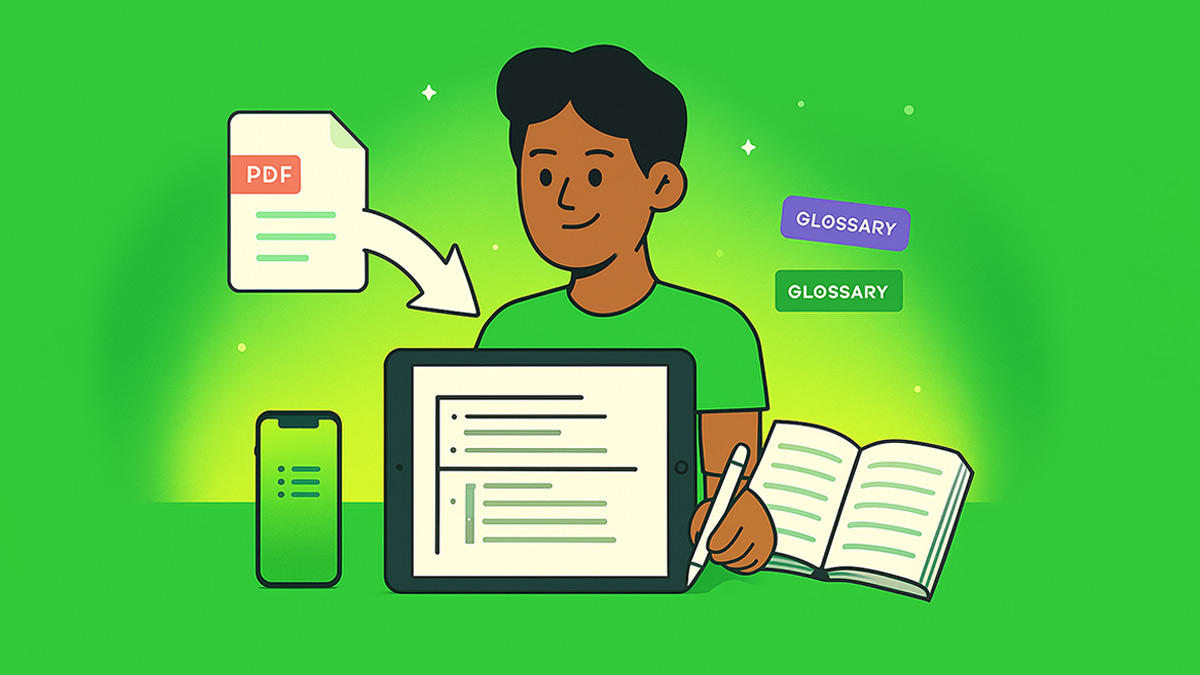 Student easily converting PDF file to organized notes on iPhone and laptop