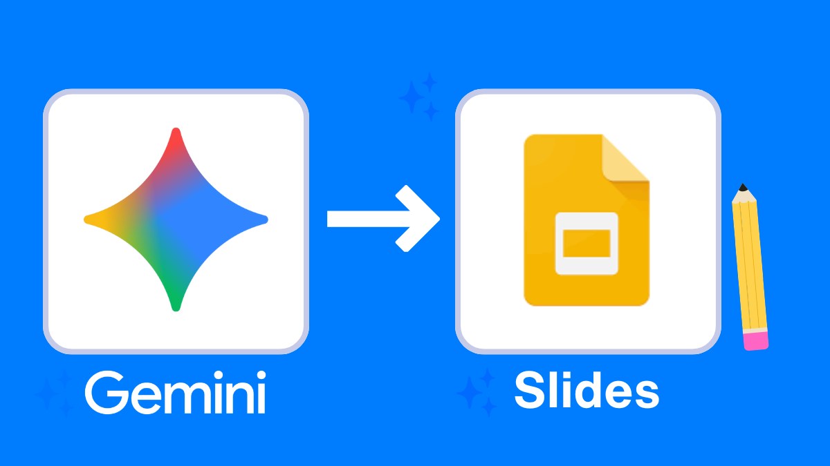 Excellent illustration showing Google Gemini logo with arrow to Google Slide logo showcasing Google Gemini can be used for presentations in Slides