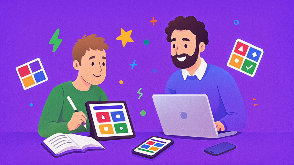 Student and teacher happily using kahoot with chatgpt on laptop