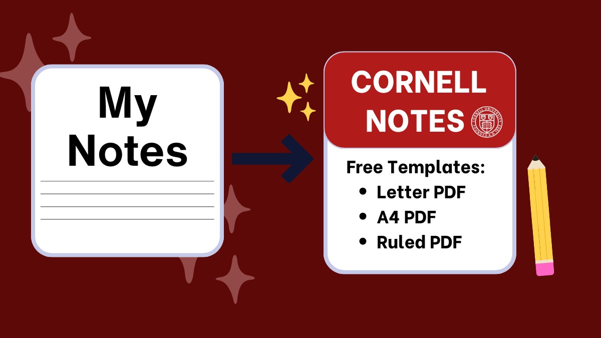 Excellent illustration showing students notes converting to cornell notes, with arrow and official cornell logo and branding