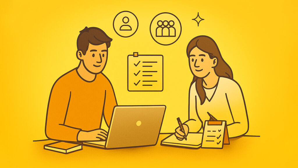 Students working on group project with prompts