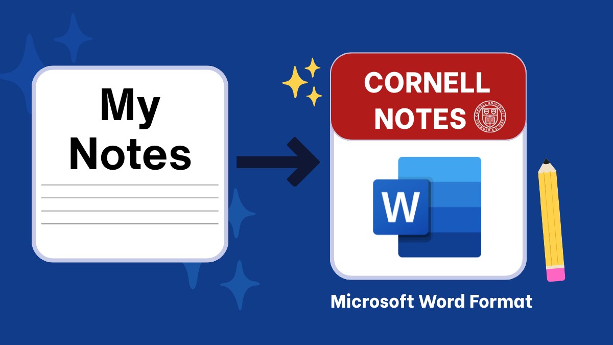 Excellent illustration showing students notes converting to Microsoft Word document cornell notes template, with arrow and official cornell logo and branding