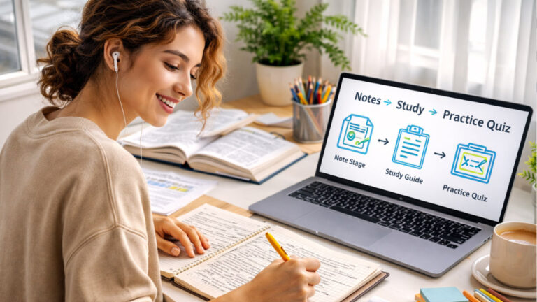 Student using study guide maker to generate quizes for practice at home